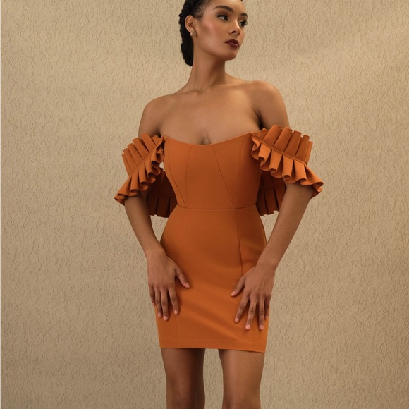 ANDREA IYAMAH Azo Dress - Tangerine - Elegant Orange Off-Shoulder Dress - Picture 1 of 8